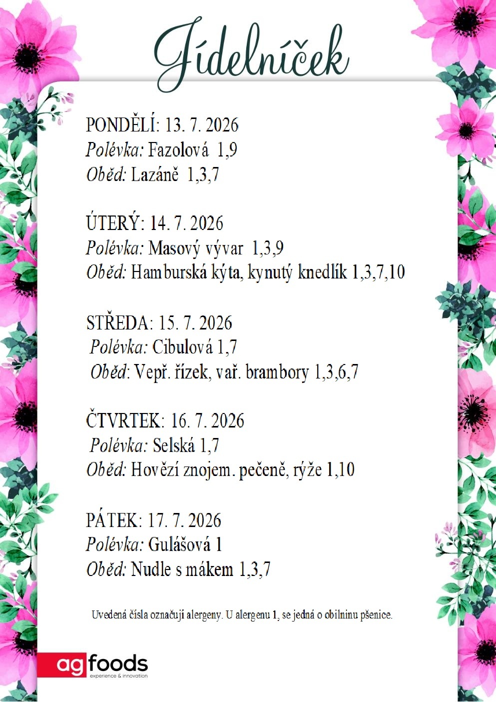 Jídelníček a další informace