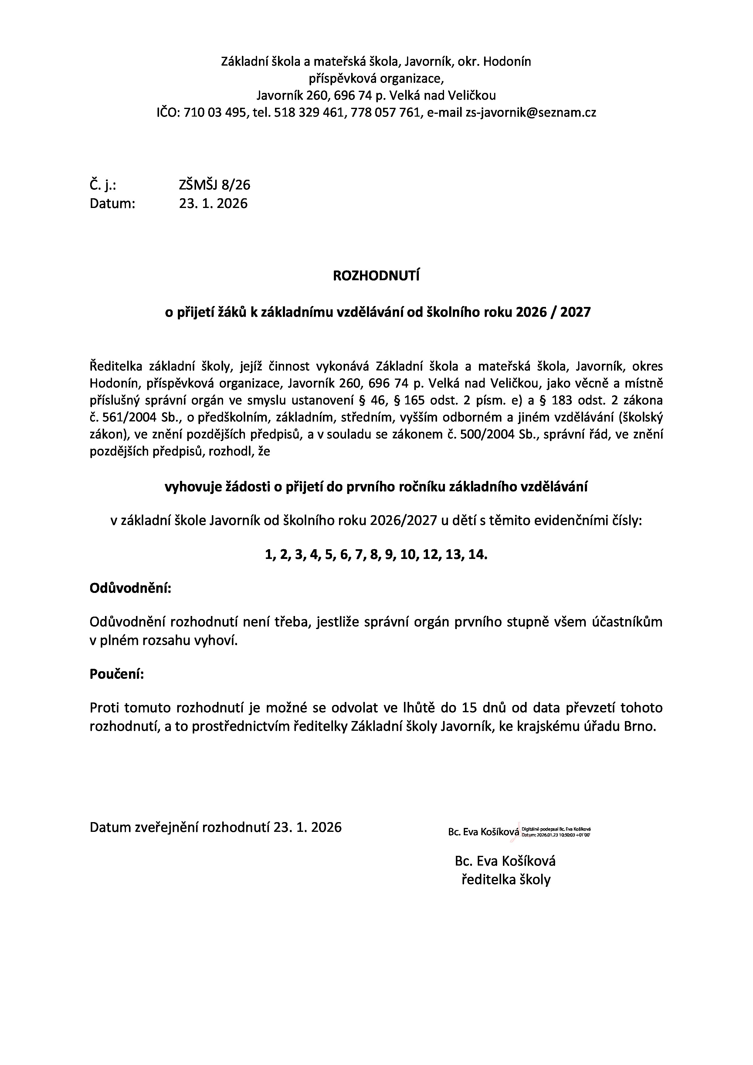 Rozhodnutí o přijetí do ZŠ