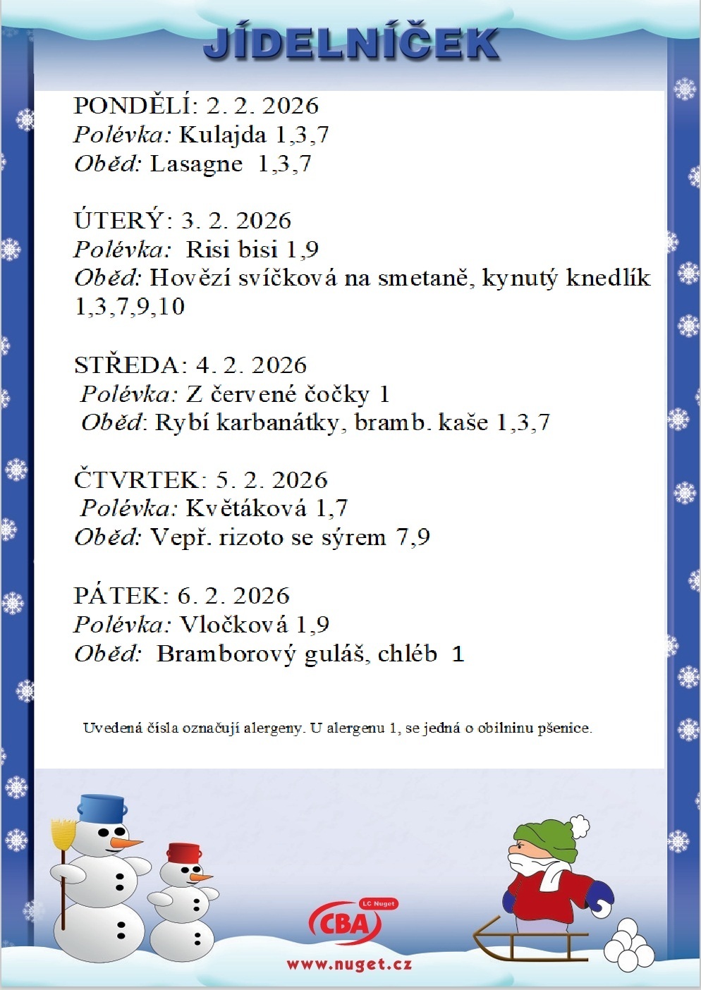 Jídelníček a další informace