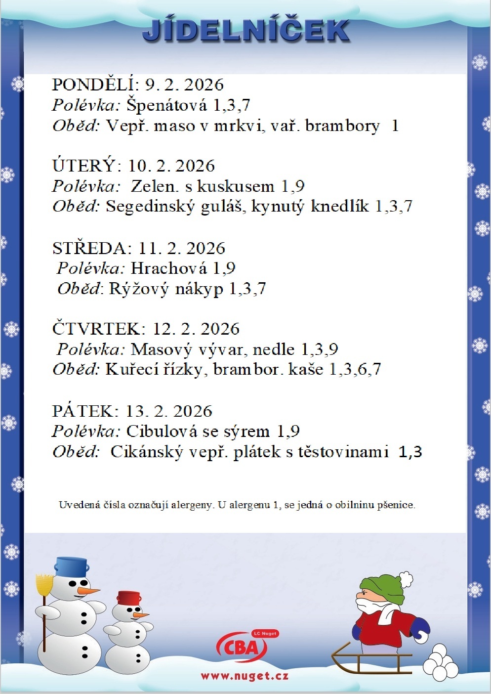 Jídelníček a další informace